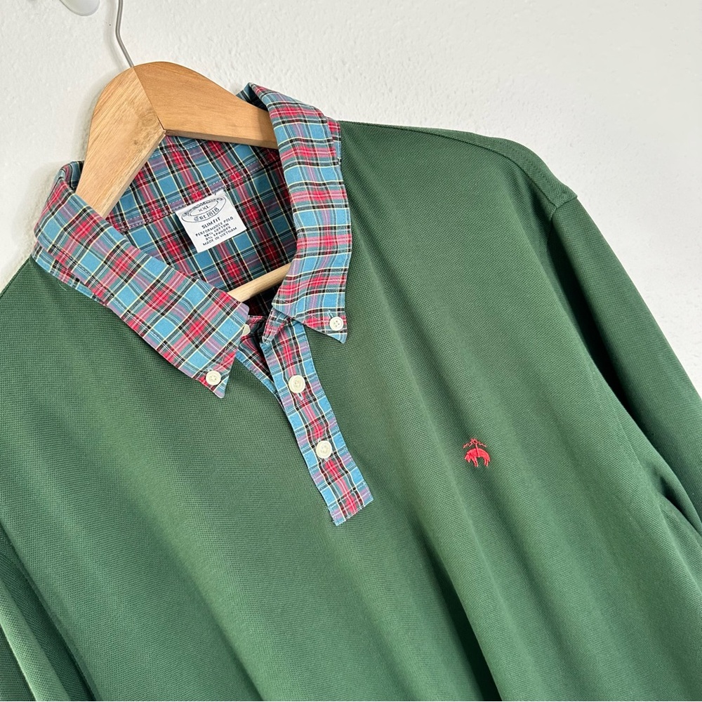 Brooks Brothers Green Polo with Plaid Collar - Picture 1 of 5